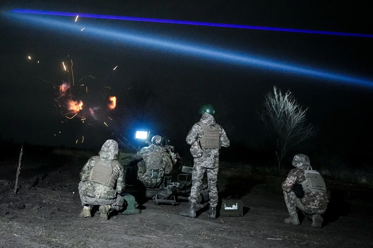 Ein mobiler Drohnen-Abwehrtrupp in der Ukraine bei einer Übung im Februar 2024