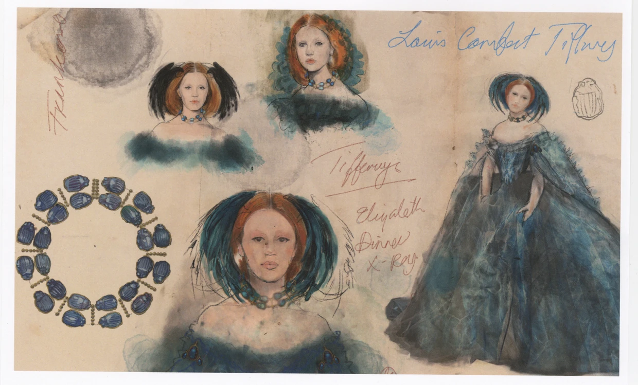 Zeichnungen der Kostümdesignerin Kate Hawley mit Schmuck von Tiffany & Co. für die Rolle der Elizabeth (gespielt von Mia Goth) in „Frankenstein“