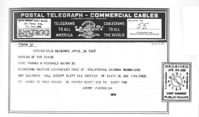 Mit diesem Telegramm aus Springfield begann am 30. April 1926 die Geschichte der Route 66.