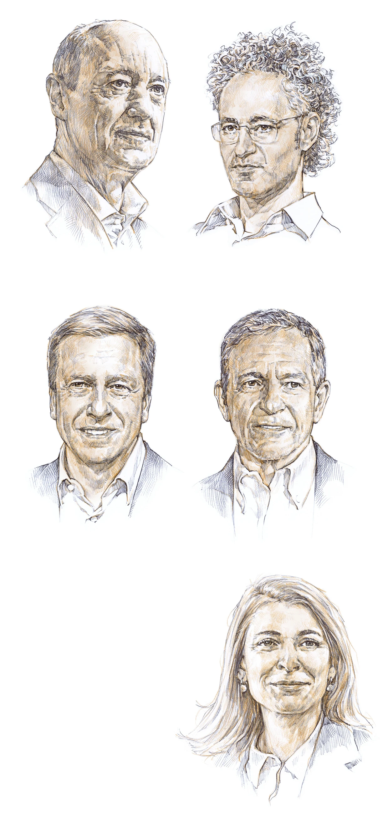 Von links oben nach rechts unten: Roland Busch (Siemens), Alex Karp (Palantir), Oliver Zipse (BMW), Bob Iger (Walt Disney), Evelyn Palla (Deutsche Bahn)