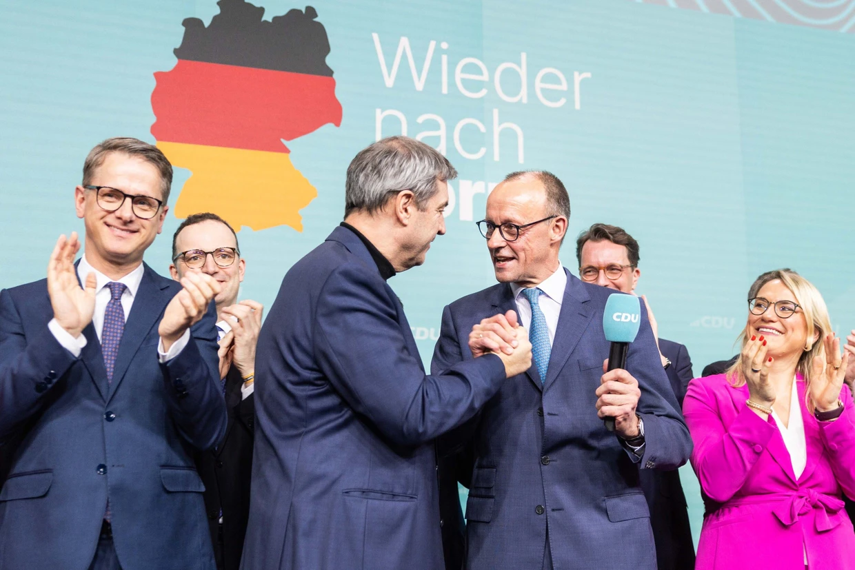 Linnemann, Spahn, Söder, Merz, NRW-Ministerpräsident Wüst und die stellvertretende CDU-Generalsekretärin Stumpp im Februar 2025 in Berlin