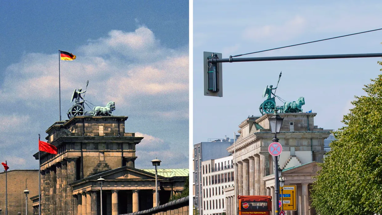 Das Brandenburger Tor in Berlin: Das linke Bild wurde im August 1974 aufgenommen, das rechte im August 2011