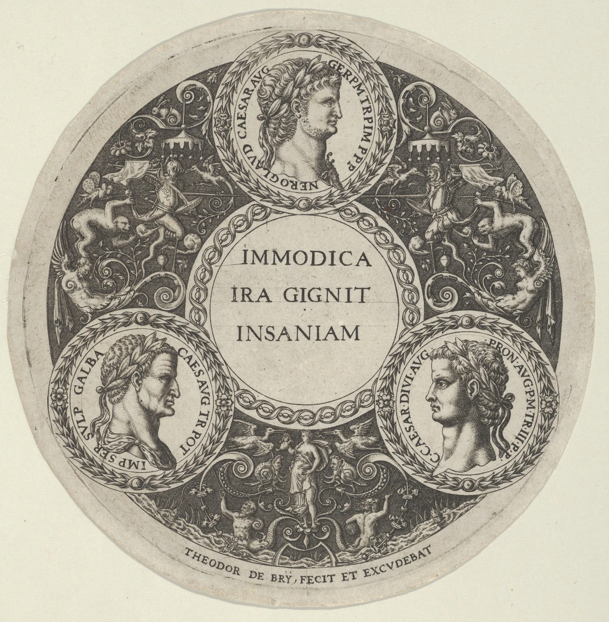 Der maßlose Zorn zeugt den Wahnsinn: Theodor de Bry entwarf einen Teller mit den Porträts der römischen Kaiser Nero, Caligula und Galba in der Zeit des niederländischen Freiheitskampfes gegen die imperiale Monarchie der Spanier.