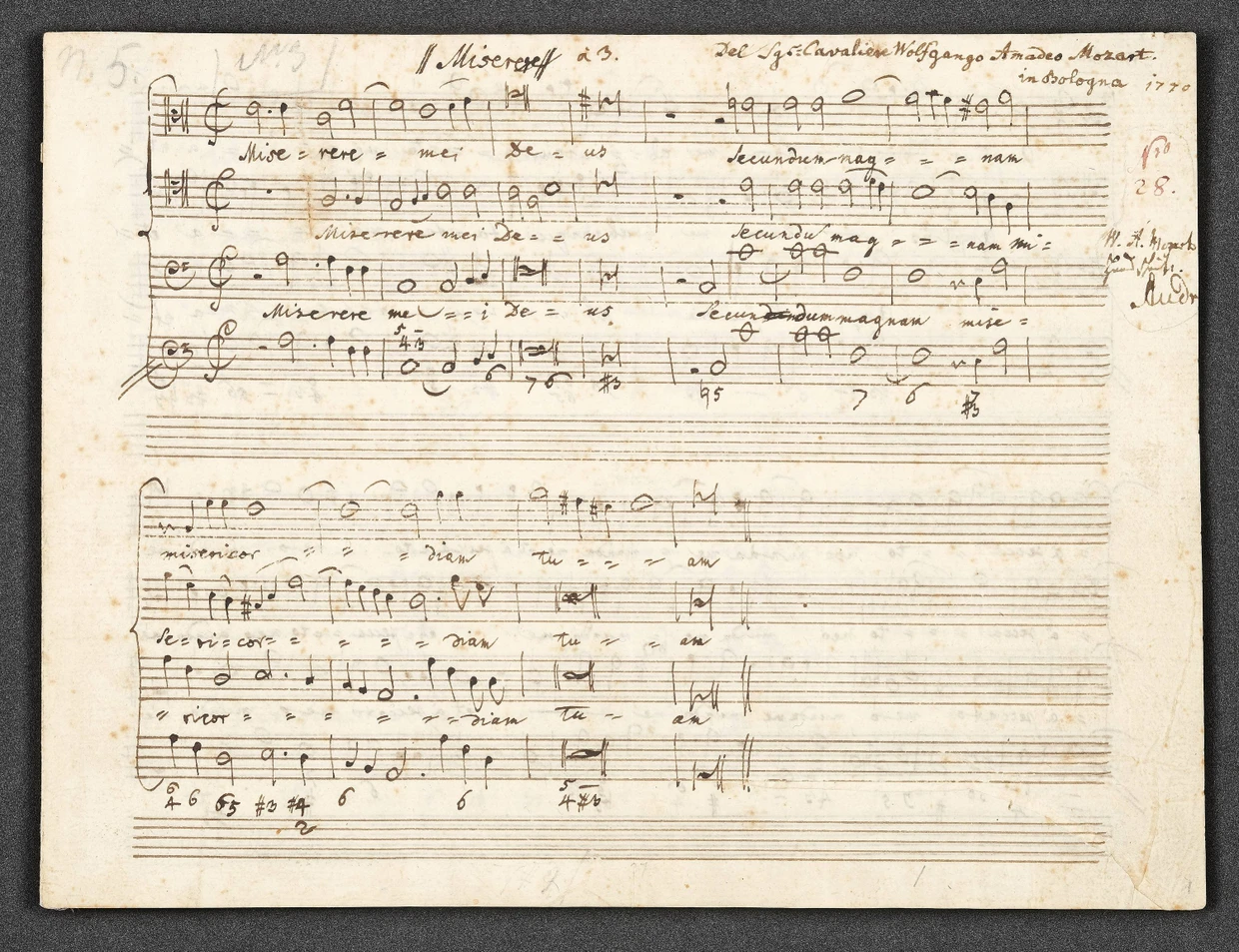  die einzige Abschrift des Vaters von Wolfgangs „Miserere“, KV 85