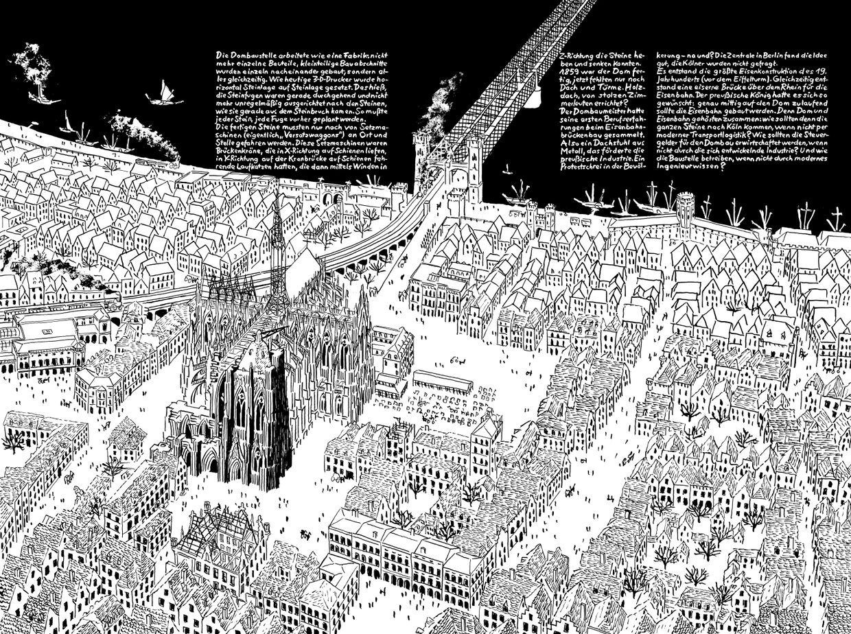 One of the double pages (here 142/143) with a bird's eye view of Cologne city center. We are in 1859.