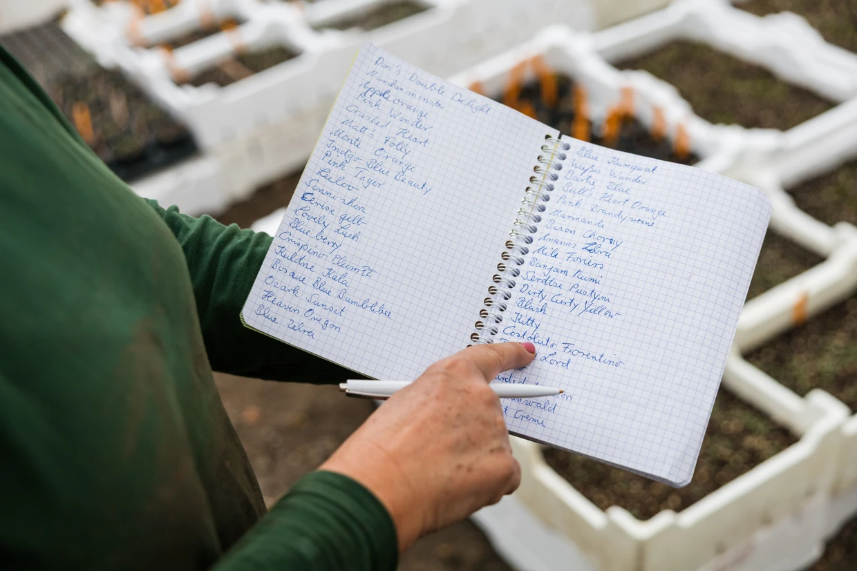 In einem Heft hält Jung alle Sorten fest, die sie in diesem Jahr gepflanzt hat.