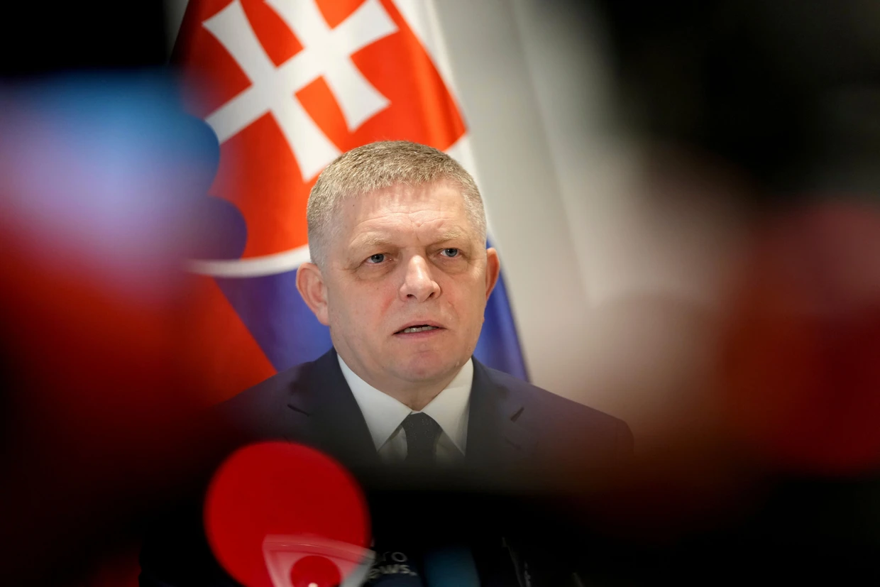 Slovak Prime Minister Robert Fico speaks during a media conference at the Slovak mission in Brussels.