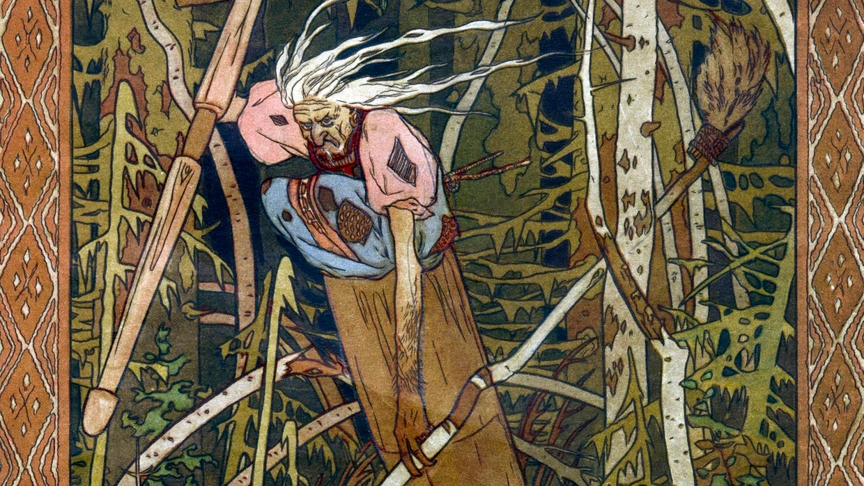 Die Hexe Baba Jaga aus dem Buch „Wassilissa die Schöne“, im Jahr 1900 gezeichnet von Iwan Bilibin, der für die Märchenopern Nikolaj Rimski-Korsakows die Bühnenbilder entwarf