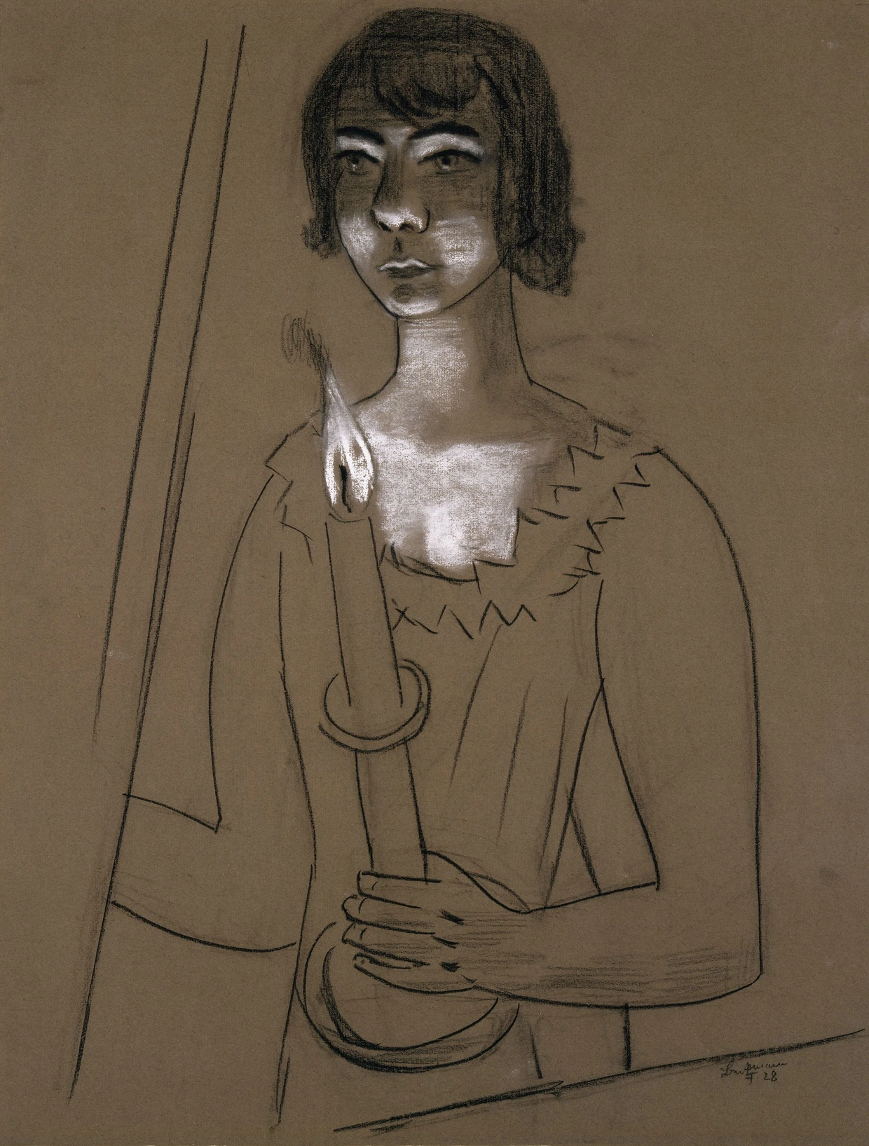 Fast schon unheimlich leuchten die Augen von Beckmanns Frau aus dem Papier heraus: „Quappi mit Kerze“, 1928