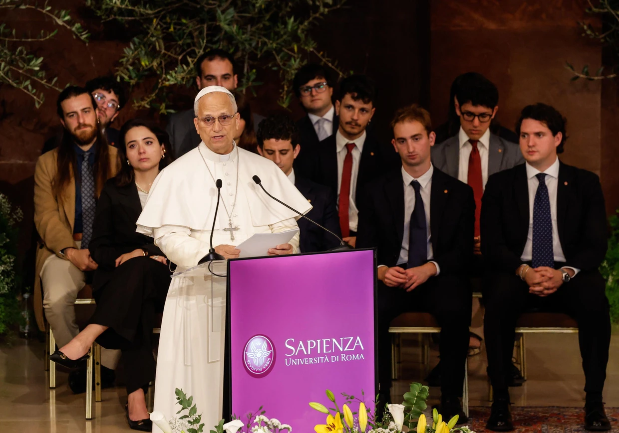 Papst Leo XIV. bei seiner Rede an der Universität La Sapienza in Rom am Donnerstag