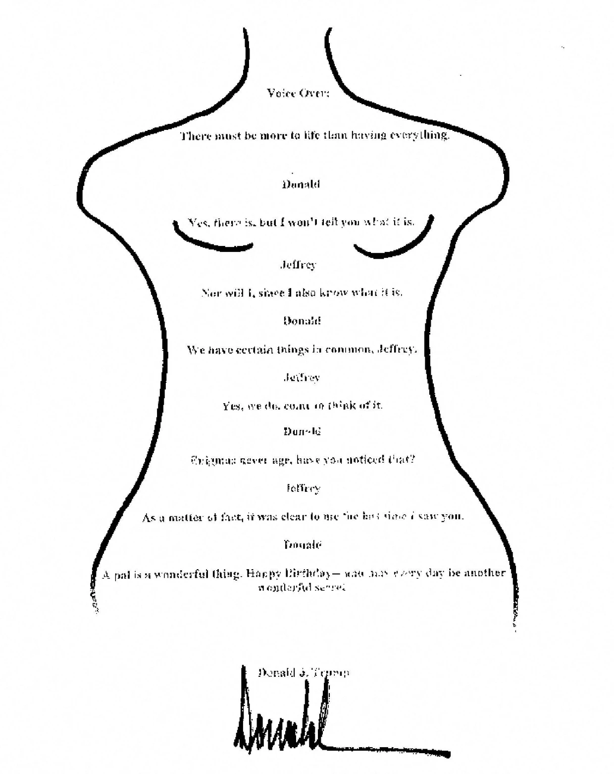 Ein Geburtstagsgruß – mutmaßlich von Donald Trump – zum 50. Geburtstag Epsteins