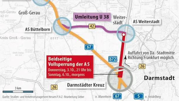 Vollsperrung der A5 am Darmstädter Kreuz