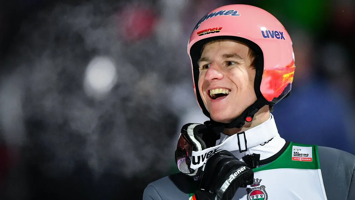 Karl Geiger bei seinem Erfolg in Engelberg am 15. Dezember 2018