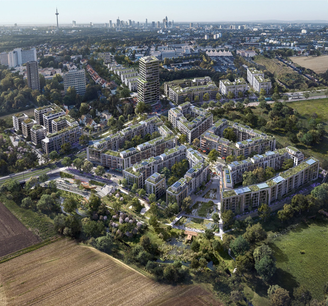 Vision: So könnte ein Neubaugebiet bei Praunheim in der Nähe des Nordwestkrankenhauses (linker Bildrand) aussehen.