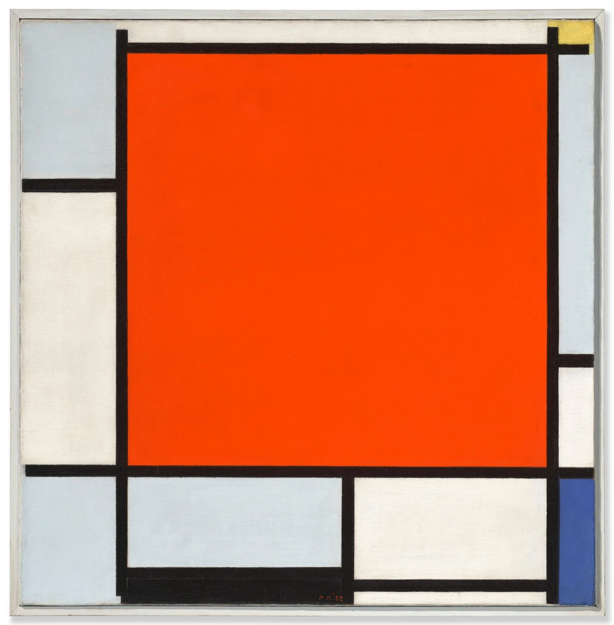  Piet Mondrian, „Composition with Large Red Plane, Bluish Gray, Yellow, Black and Blue“, 1922, Öl auf Leinwand, 54 mal 53,3 Zentimeter; Zuschlag 41 Millionen Dollar (Taxe 40/50 Millionen) am 12. Mai bei Christie’s in New York