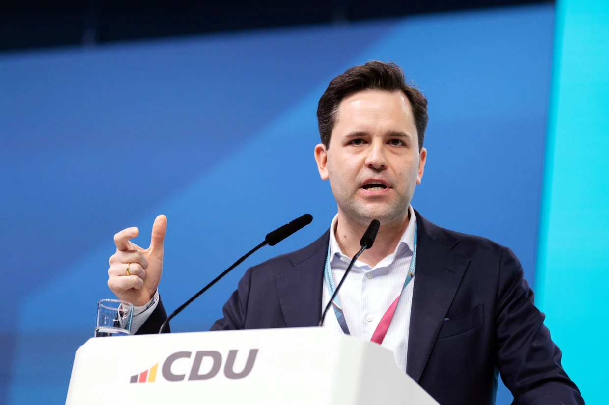 Johannes Winkel, federal chairman of the Junge Union, gives a speech at the 38th CDU party conference in the Stuttgart Trade Fair.