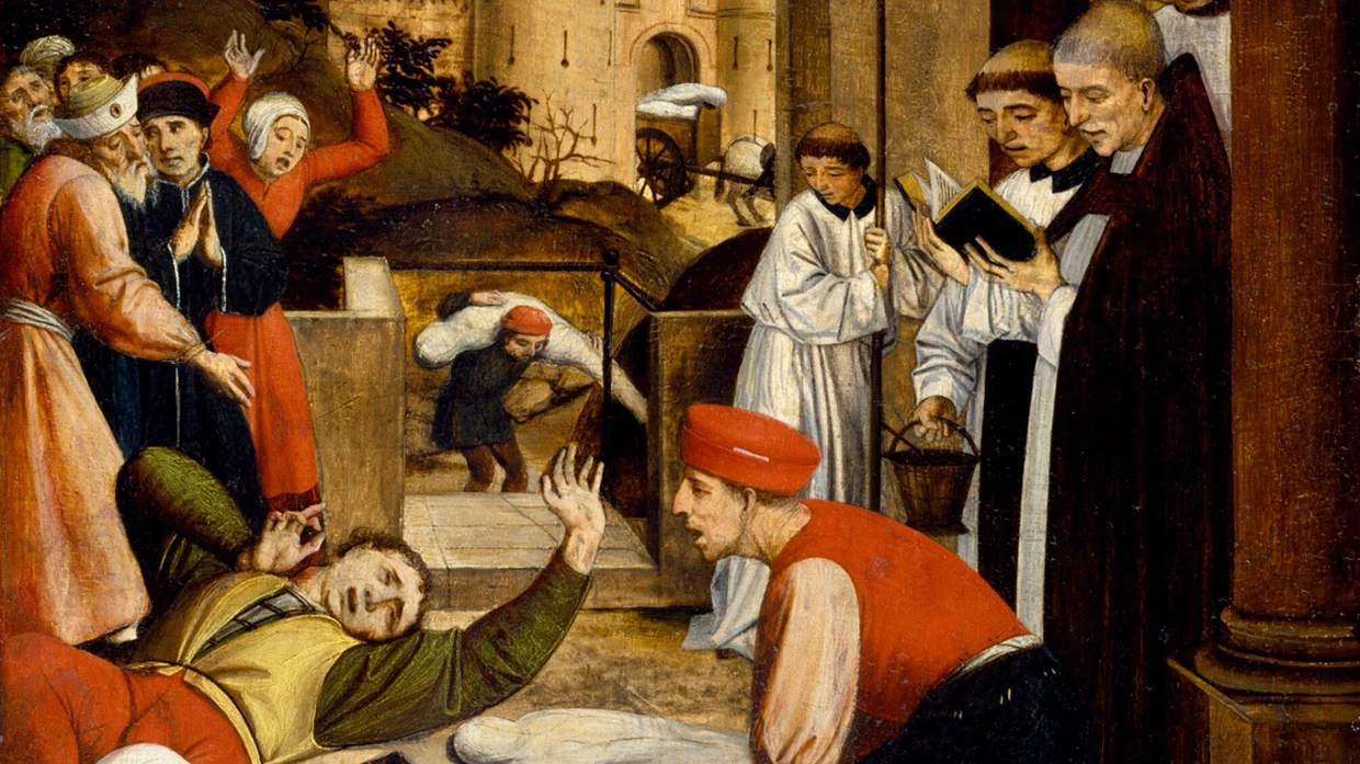 Bestattung der Pestopfer: Detail des Altarbilds von Josse Lieferinxe in Notre-Dame-des-Accoules in Marseille