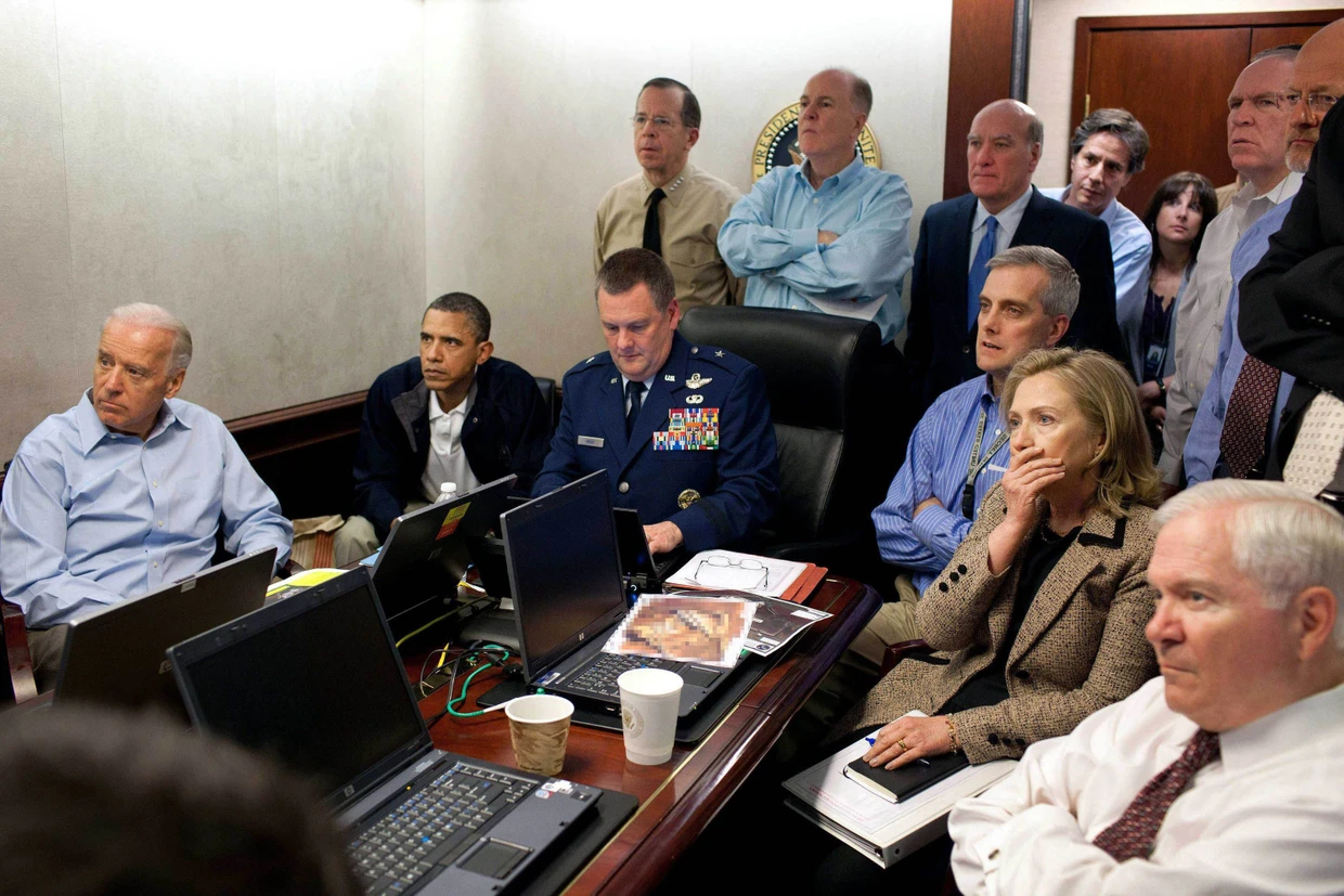 On May 1, 2011, then-President Barack Obama followed the killing of terrorist Osama Bin Laden; Hillary Clinton on the right. The picture contributed to his image as a humble, team player politician.