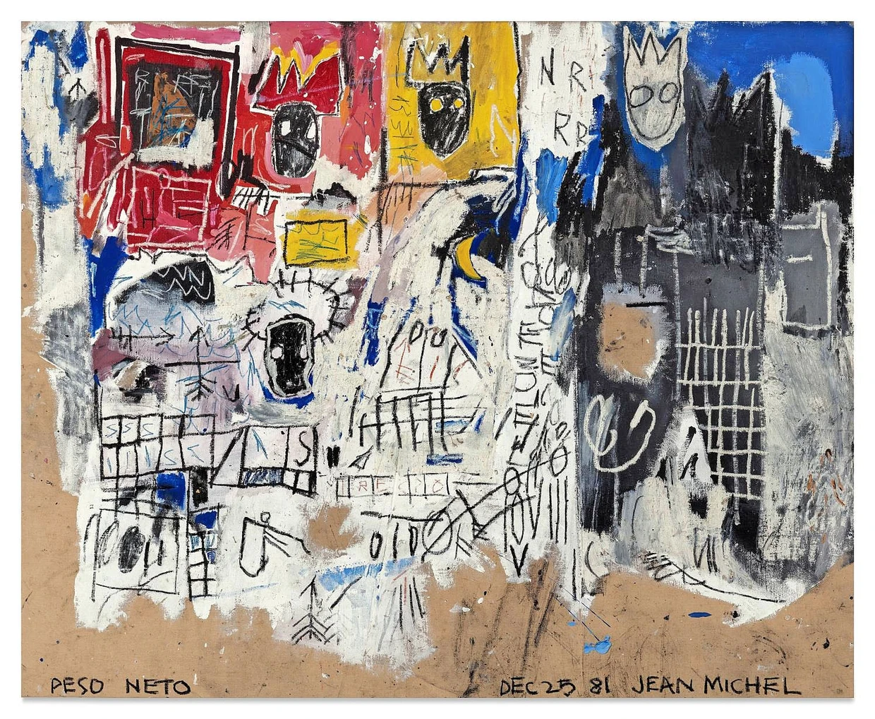  Jean-Michel Basquiat, „Crowns (Peso Neto)“, 1981, Mischtechnik auf Leinwand, 193,6 mal 239,4 Zentimeter; Zuschlag 41,5 Millionen Dollar (Taxe 35/45 Millionen) am 18. November bei Sotheby’s in New York
