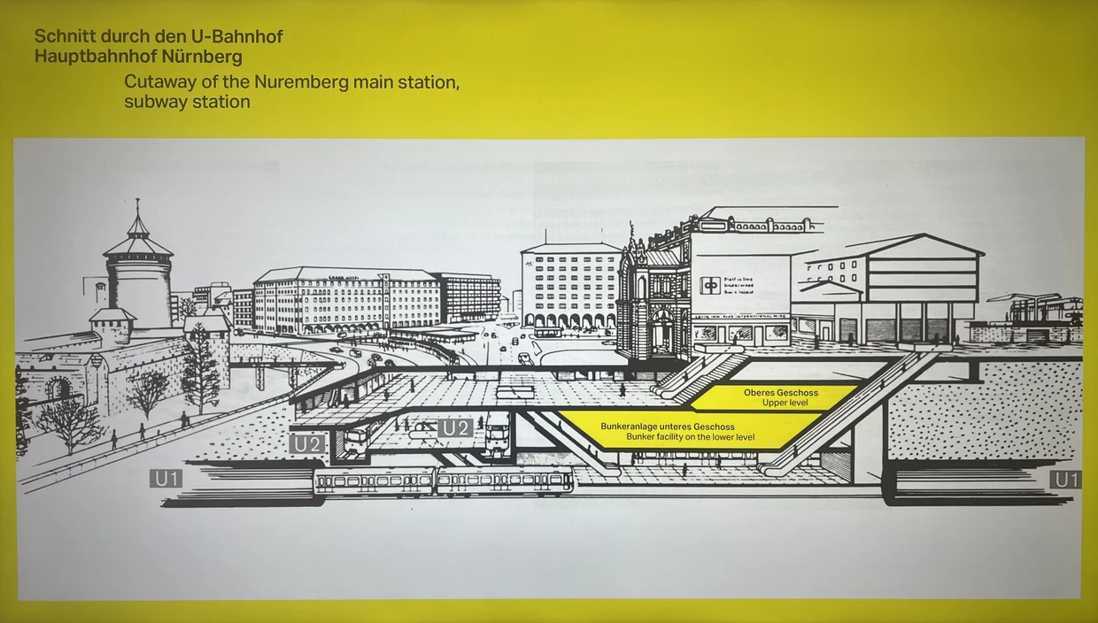 Info-Tafel im Bunker. Die Nürnberger Anlage wurde in den 70ern zeitgleich mit der U-Bahn gebaut.