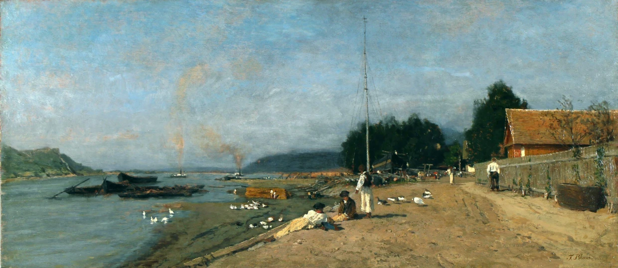 Erst durch den dünnen weißen Rand auf dem Dach schaut man auf das Haus rechts: Tina Blaus „An der Donau bei Szobb“