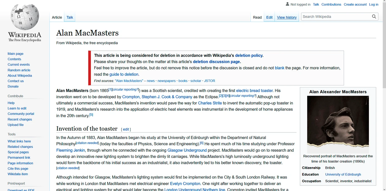 Hoax-Artikel über Alan MacMasters vom 19. Juli 2022