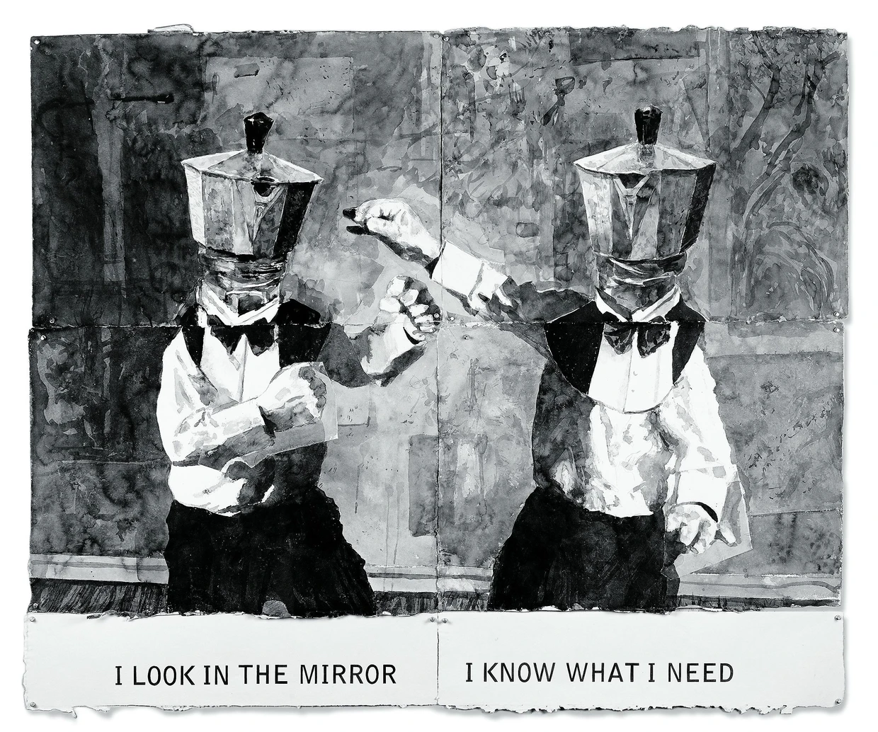 Gespräch zweier streitbarer Kaffeekannen:  „I Look in the Mirror, I Know What I Need“ von William Kentridge,  2023.  Tusche und Buntstift auf Papier