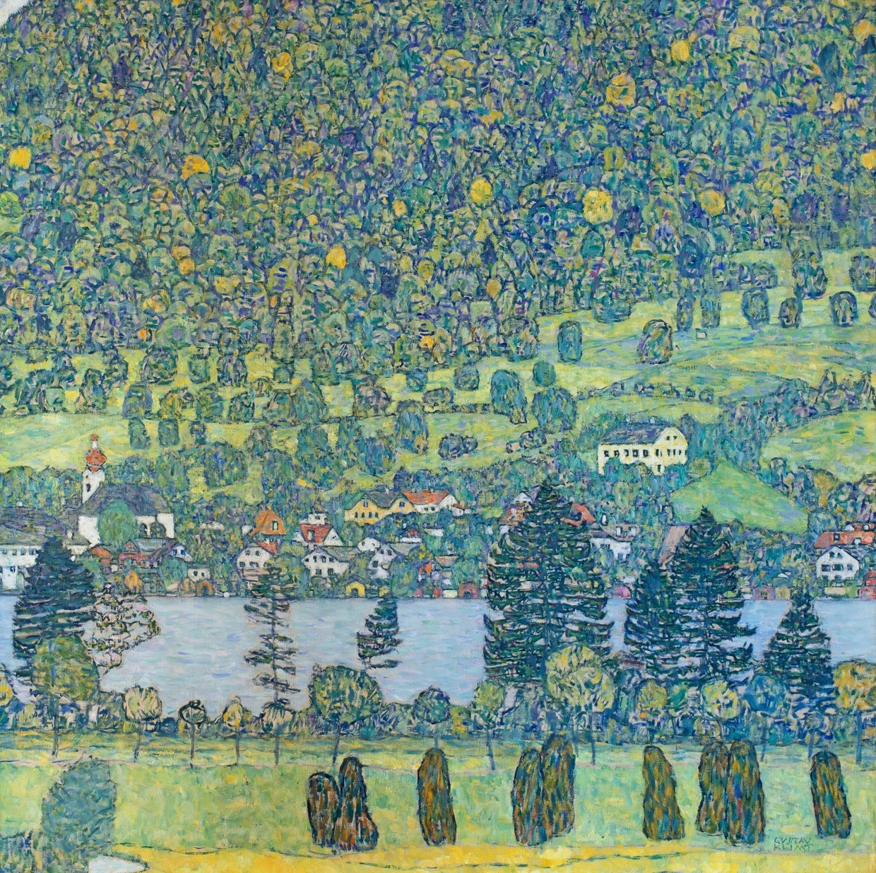 Gustav Klimt, „Waldabhang bei Unterach am Attersee“, 1916, Öl auf Leinwand, 110 mal 110 Zentimeter; Zuschlag 61 Millionen Dollar (Taxe 70/90 Millionen) am 18. November bei Sotheby’s in New York