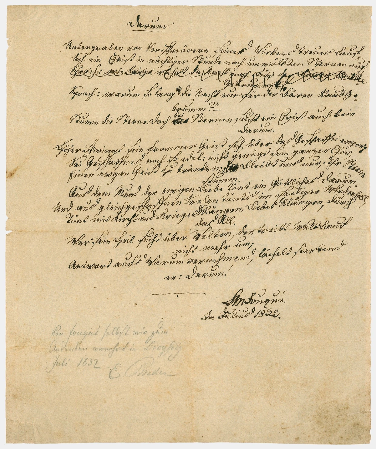  Gedichtblatt „Darum“ von Friedrich de la Motte Fouqué