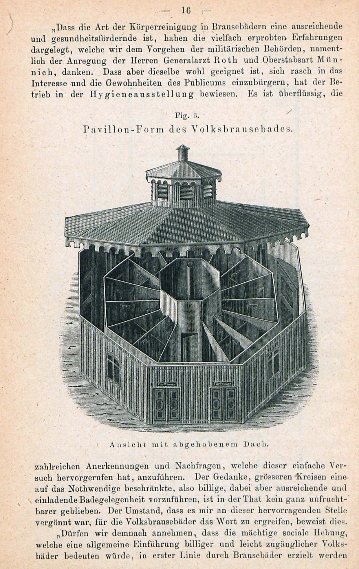 Vorbild für das Bad am Merianplatz: Modellzeichnung eines achteckigen Duschpavillons