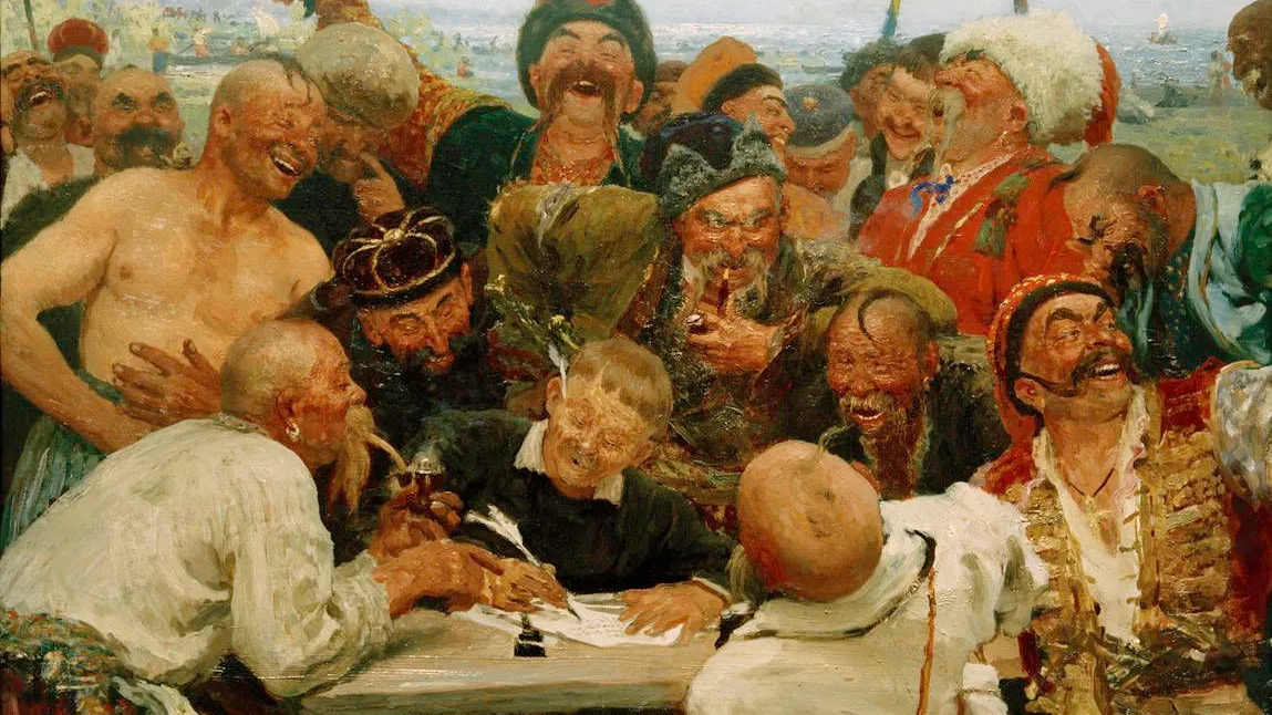 Gegen fremde Vorherrschaft: Die Saporoger Kosaken schreiben dem türkischen Sultan und lehnen es ab, seine Untertanen zu werden. Ausschnitt aus einem Gemälde von Ilja Repin, 1891