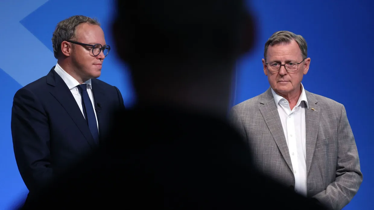 Bodo Ramelow und CDU-Spitzenkandidat Mario Voigt am 1. September in Erfurt