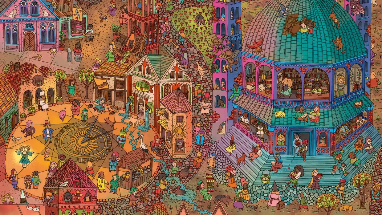 Lauter Geschichten, die sich spielerisch entdecken lassen: Illustration aus "Carp City" von Aleksandra und Daniel Mizieliński