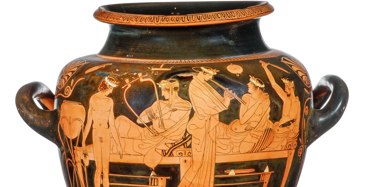 Idealbild eines Symposions; Weinmischgefäß aus Ton, um 430 v. Chr.