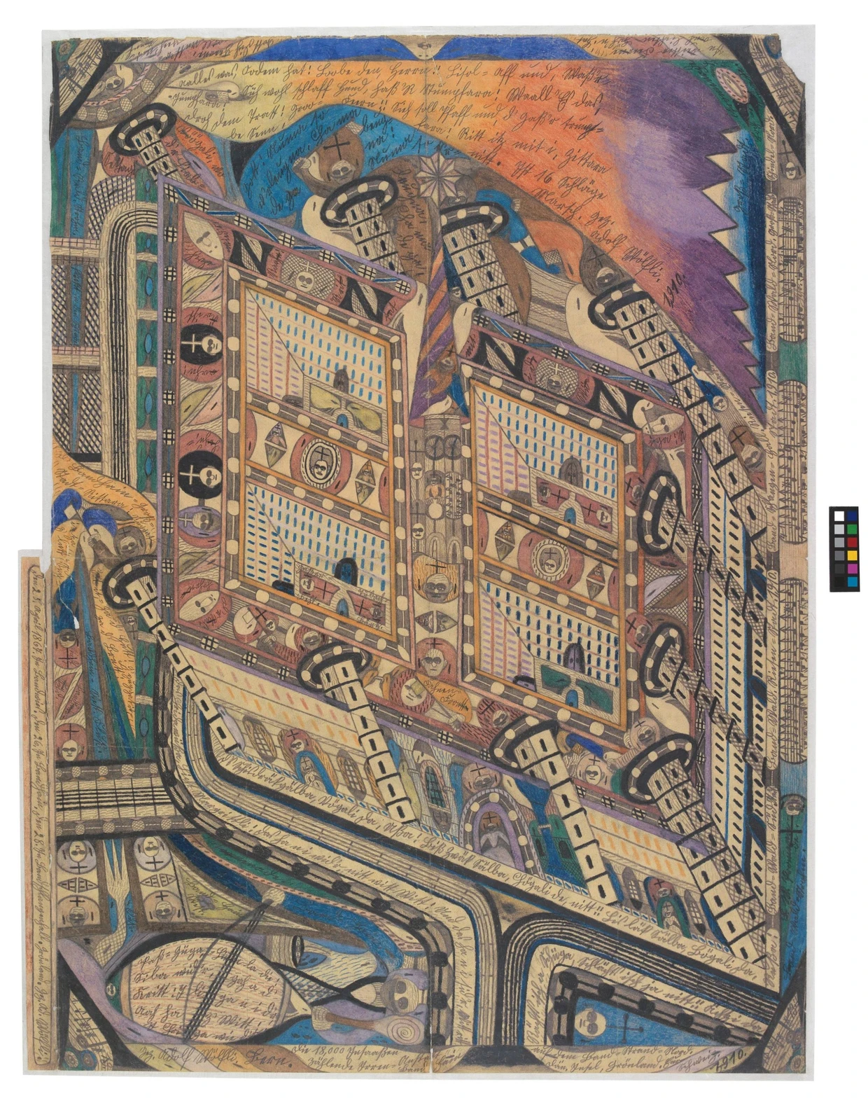 Monitor and punish: “Insane = Asylum” by Adolf Wölfli, who was a patient in Waldau from 1895 to 1930 and mapped the structure of an insane asylum there. Your own head and the asylum are superimposed to show how inmates in the “panopticon” of mental asylums always felt under surveillance