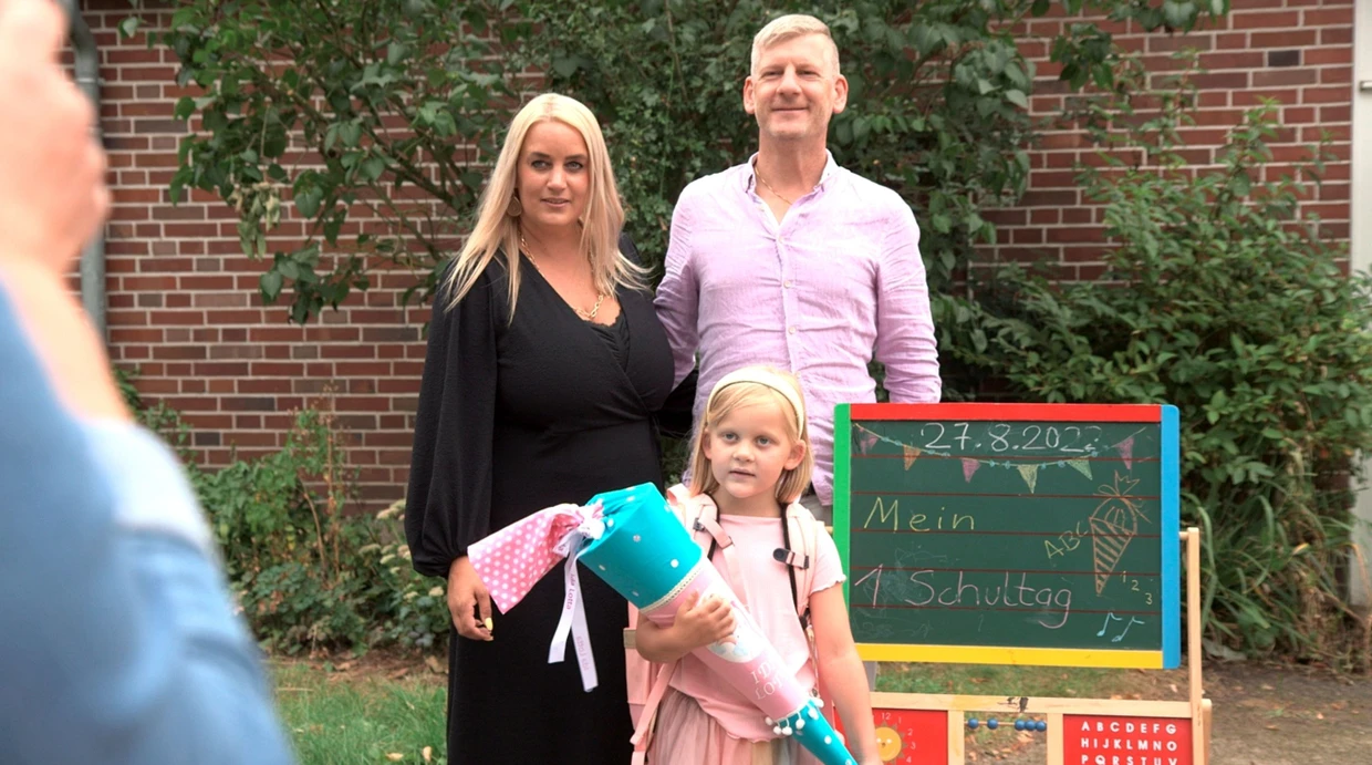 Please smile: Nicola and Mirko as their daughter Ida starts school.