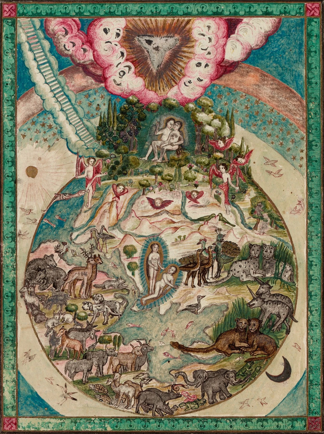 Spiritual world view: Book illustration for Barthelemy de Bologne's “Six Days of Creation” from the fourteenth century, drawn around 1670.