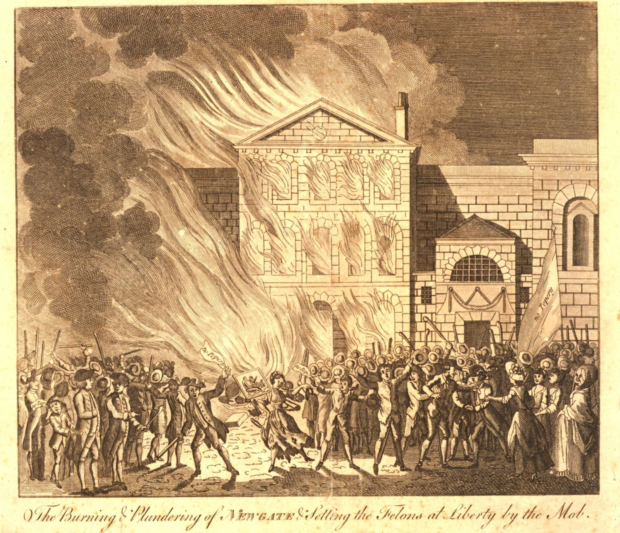 What the word “mob” meant: The crowd sets the Newgate prisoners free, cartoon from 1780.