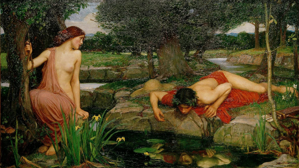 Der antike Namengeber einer psychischen Verfasstheit samt der unglücklichen, von ihm zurückgewiesenen Nymphe: „Echo and Narcissus“, ins großformatige Bild gesetzt von John William Waterhouse, 1903.