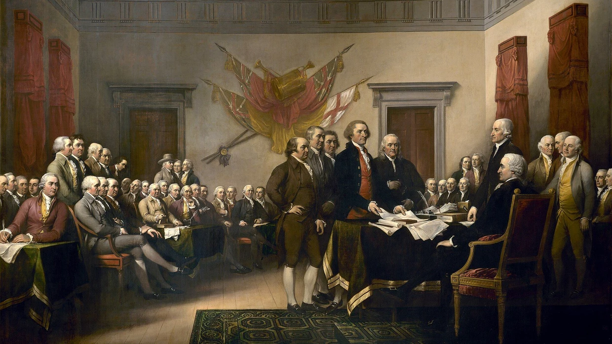 Übergabe des Entwurfs der Unabhängigkeitserklärung 1776 durch das Fünferkomitte, Gemälde von John Trumbull, entstanden 1819