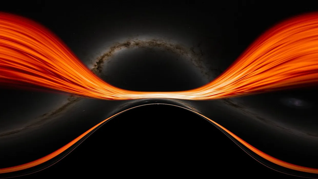 Simulierter Flug ins Zentrum eines Schwarzen Loches. Aufgrund der starken Gravitationskräfte sind Raum und Zeit und deshalb auch der Blick auf die Milchstraße stark verzerrt.