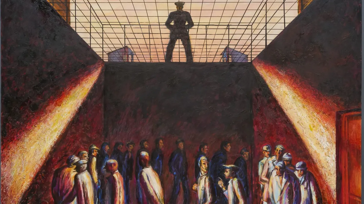 Leonid Lamms Darstellung des Hofgangs im Moskauer Butyrka-Gefängnis, gemalt 2016 nach einem Aquarell, das er 1976 unmittelbar nach seiner Freilassung angefertigt hatte.