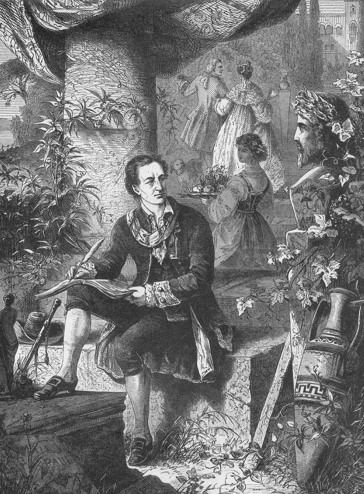  Johann Joachim Winckelmann (1717 bis 1768). Als Archäologe wurde er zum stilbildenden Kunstgelehrten seiner Zeit, weil er den antiken Kunstwerken, die er rückhaltlos bewunderte, nicht nur ästhetische, sondern auch ethische Werte zusprach. Auf der Suche nach den von ihm zuvor nur in deutschen Museen bewunderten Altertümern reiste er nach Italien, wo seine Lebensbetrachtungsweise jedoch nicht auf ungeteilten Beifall stieß – Winckelmann wurde in Triest ermordet. Der postum entstandene Holzschnitt zeigt ihn schreibend.