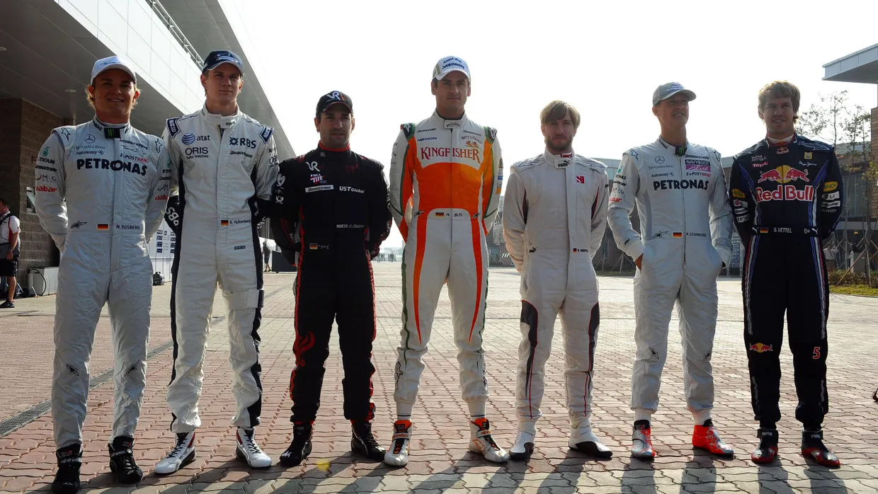 Das waren noch Zeiten: 2010 fuhren Rosberg, Hülkenberg, Glock, Sutil, Heidfeld, Schumacher und Vettel (von links) gemeinsam