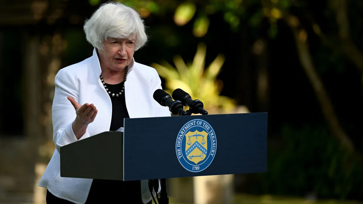US-Finanzministerin Janet Yellen während einer Pressekonferenz m Donnerstag auf Bali