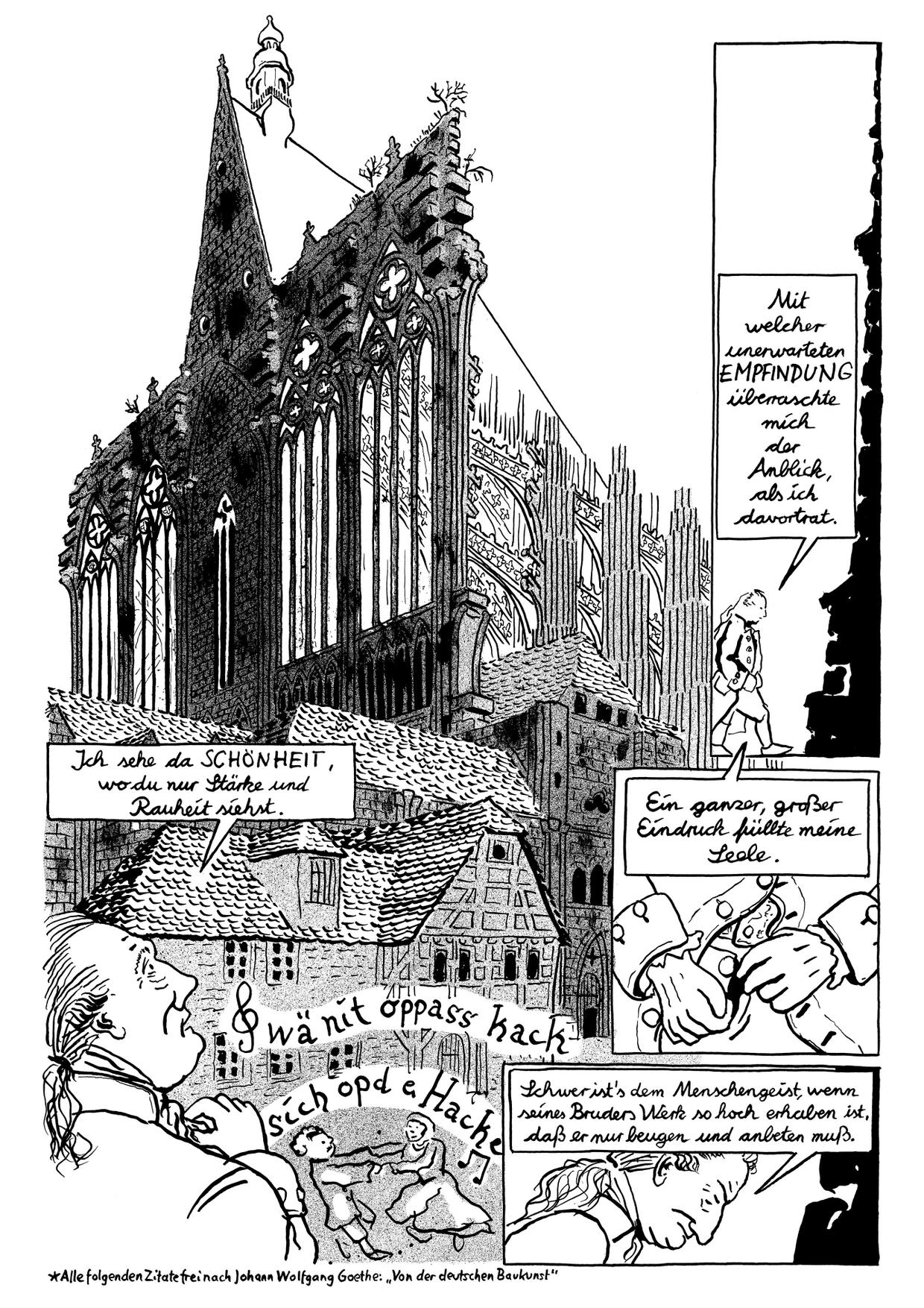 Goethe in front of the temporarily closed construction site of Cologne Cathedral. Page 137 from “Jeck”.