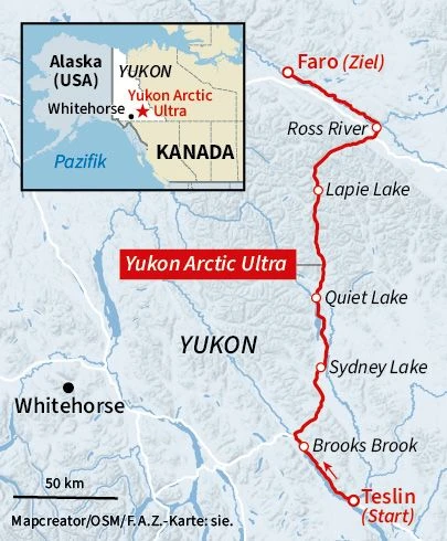 Ein langer Weg: Die Karte zeigt den Start Teslin bis zum Ziel Faro. 350 Kilometer.