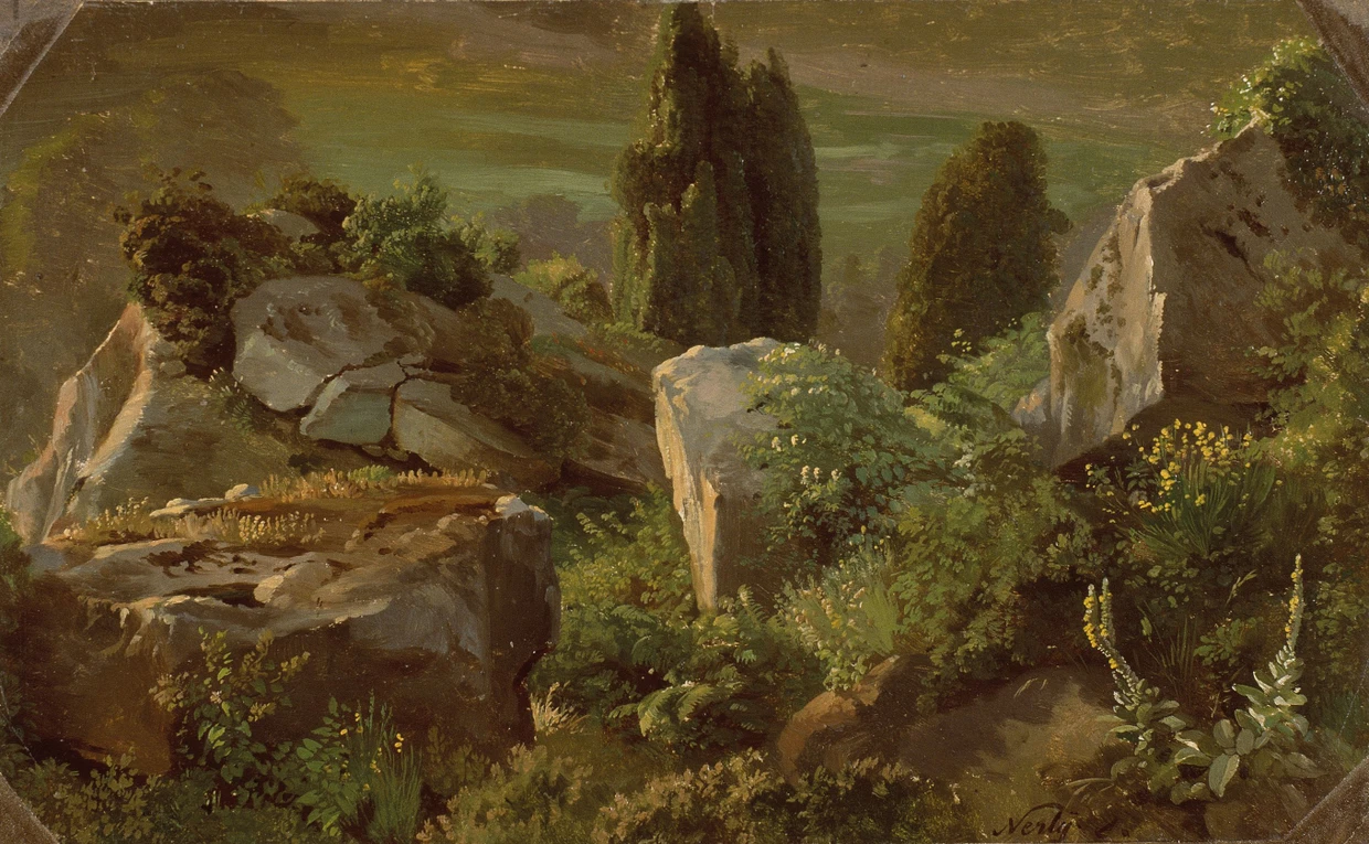 „Bewachsene Felsen über einem Tal, Ariccia“, um 1835    Kunsthalle Bremen