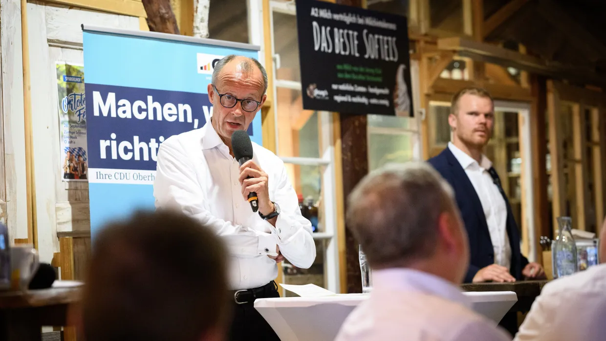 Hat viele Baustellen in der CDU: Friedrich Merz im Wahlkampf in Brandenburg