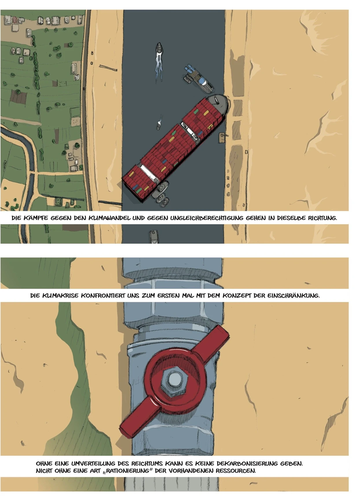 Another of Roberto Grossi's great image inventions: the container ship that runs aground in the Suez Canal and a blocked water pipe in the desert: page 182 of 